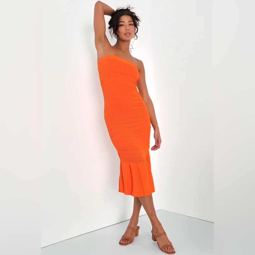 Lulus Palm Springs Sweetie Orange Knit Strapless Midi Dress size XS
